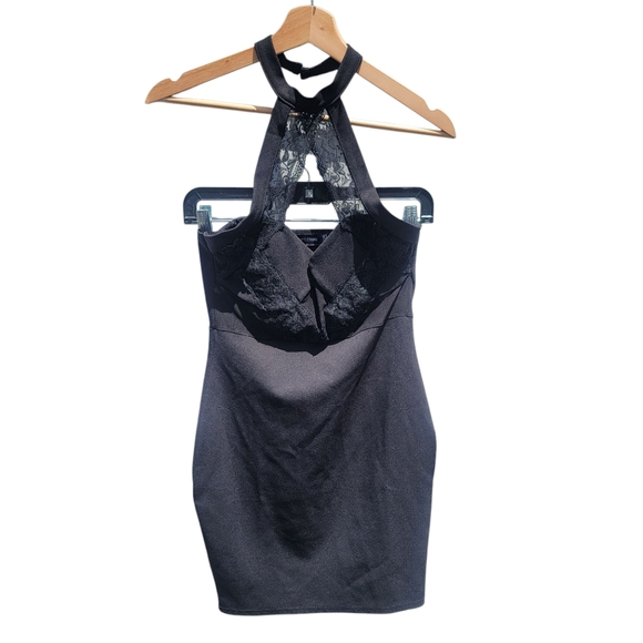 NWT PrettyLittleThing Black Lace Trim High Neck Sheer Top Bodycon Dress - Picture 4 of 11